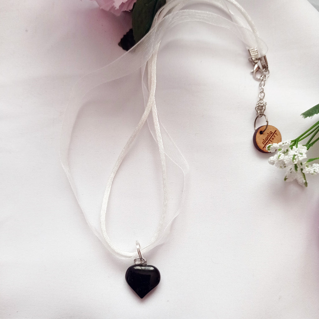 Black Onyx Necklace, White Ribbon Necklace, Gemstone Necklace, Black and White | by nlanlaVictory
