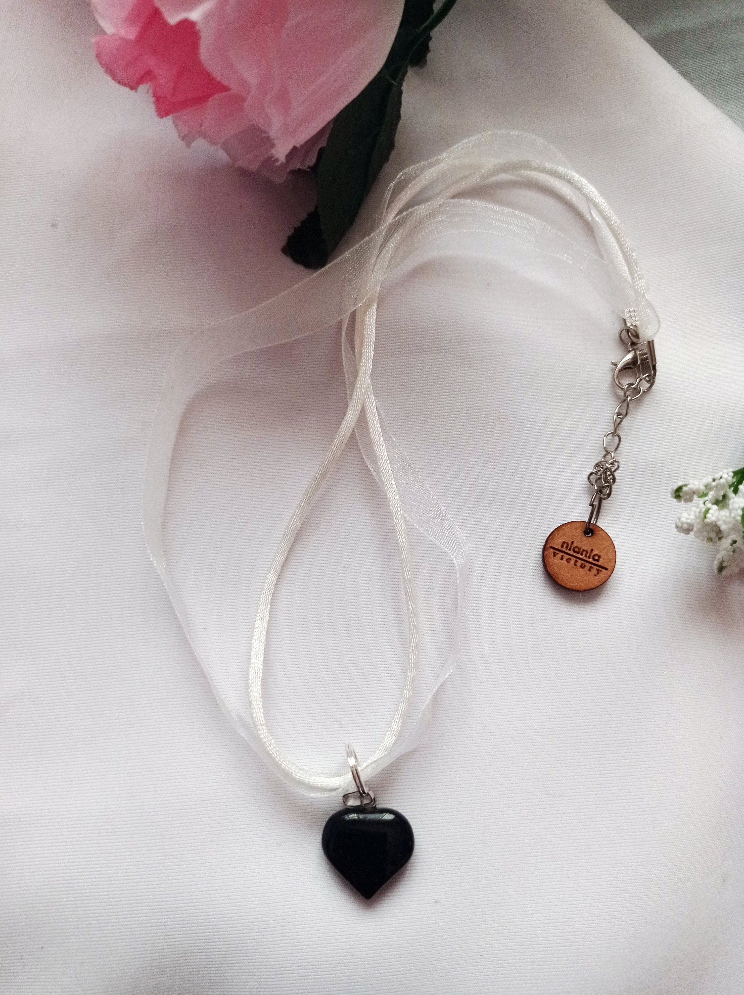 Black Onyx Necklace, White Ribbon Necklace, Gemstone Necklace, Black and White | by nlanlaVictory